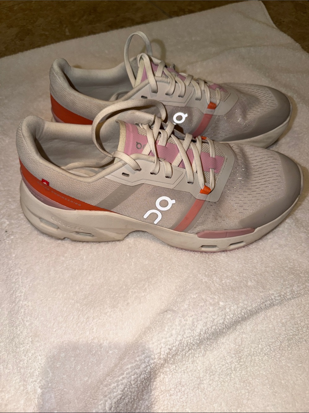 On Running Women's Athletic Sneakers in Beige with Pink & Orange Highlights